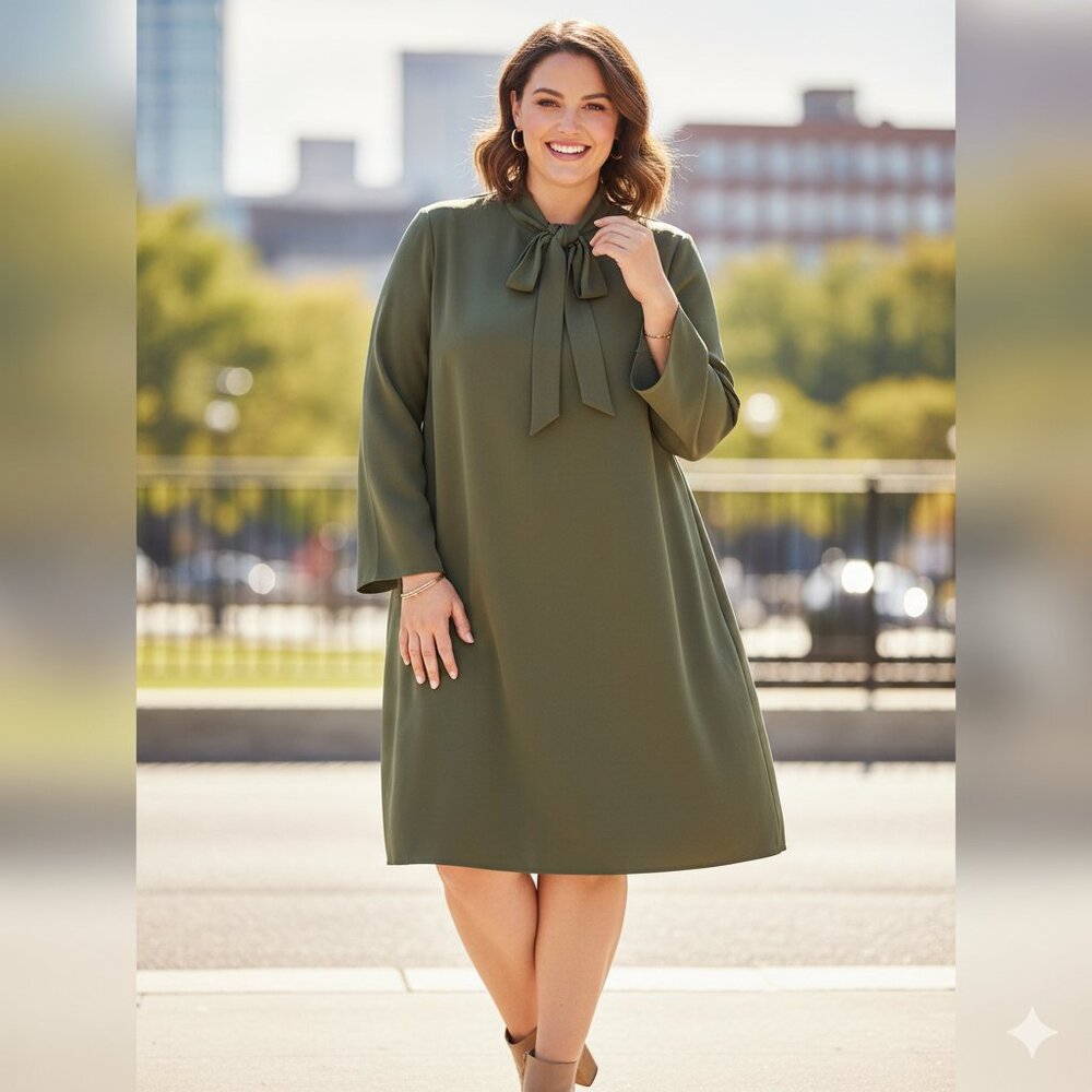 Calvin Klein Women's Long Sleeve Dress with Tie Mock Neck Detail